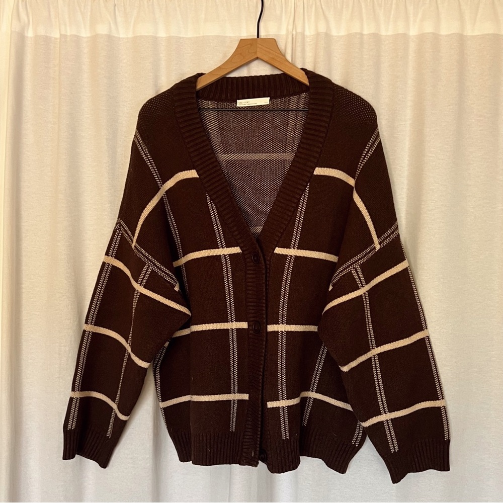 OAK + FORT Brown Grid Cardigan
